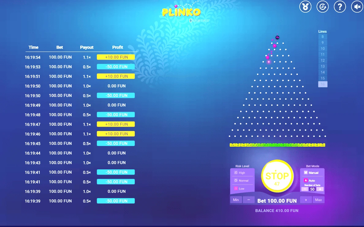 Графическое оформление Plinko с 16 линиями